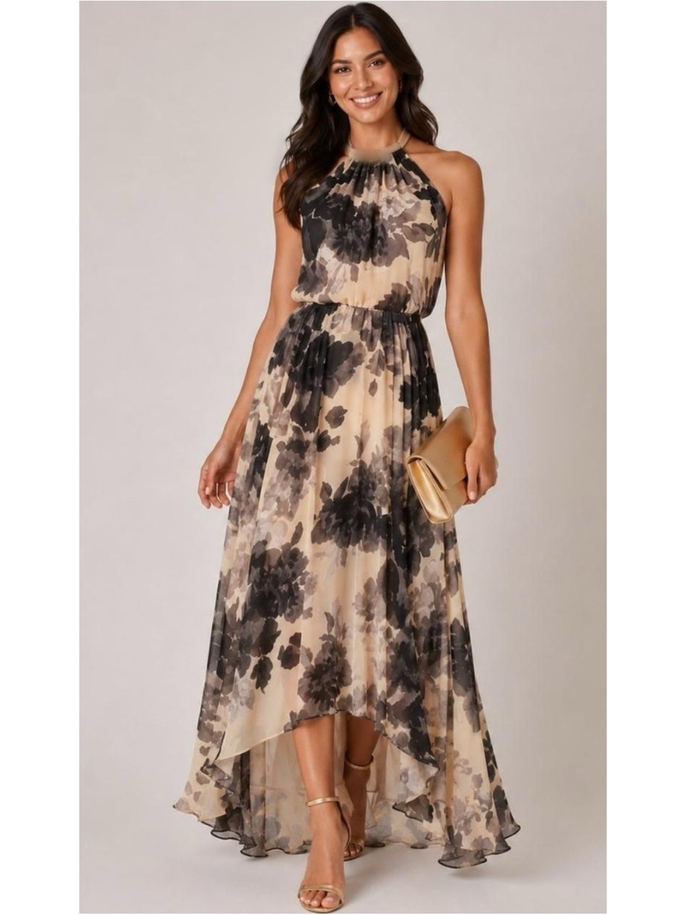 Eliza J Beige and Black Floral Halter High-Low Maxi Dress ❤️❤️